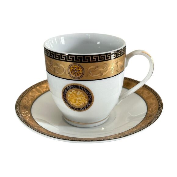 Casa Elite Venus Black Gold Demitasse Teacup & Saucer Medusa Face - Picture 1 of 6
